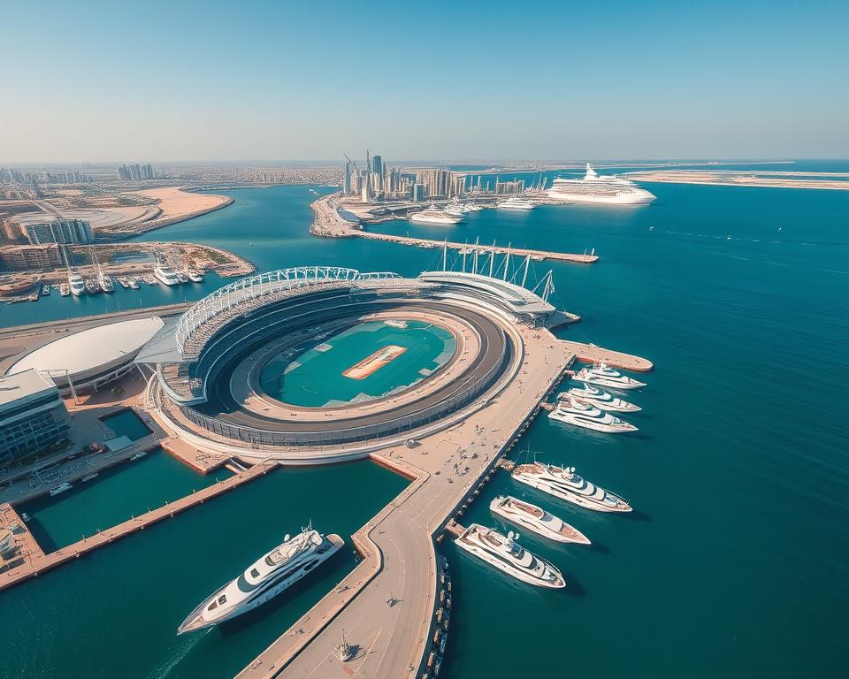 Aerial view of Yas Marina Circuit with yachts berthed alongside the track for watching Formula 1 in Abu Dhabi 2025 Aerial view of Yas Marina Circuit with yachts berthed alongside the track for watching Formula 1 in Abu Dhabi 2025