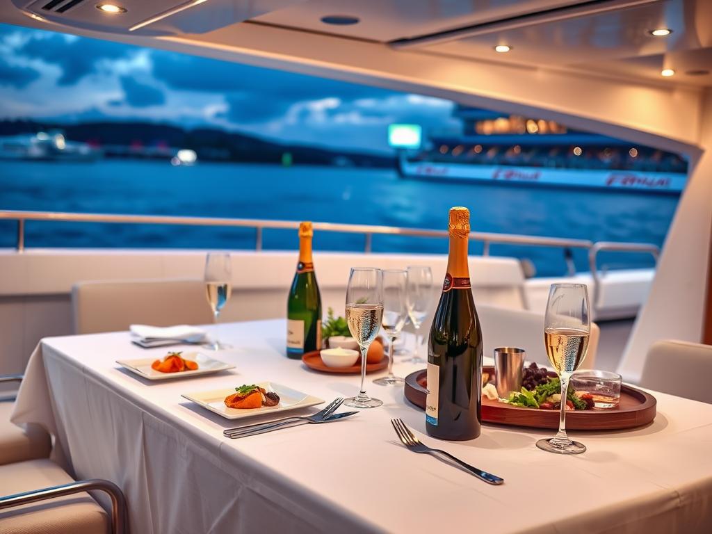 Gourmet dining setup on a yacht deck during Abu Dhabi Formula 1 weekend 2025 Gourmet dining setup on a yacht deck during Abu Dhabi Formula 1 weekend 2025