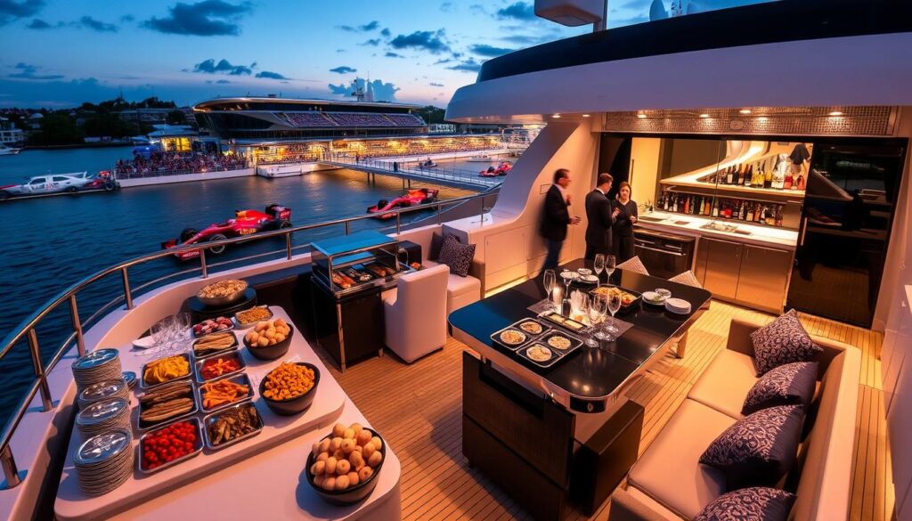 Luxury hospitality setup on yacht deck for Formula 1 viewing in Abu Dhabi 2025 Luxury hospitality setup on yacht deck for Formula 1 viewing in Abu Dhabi 2025