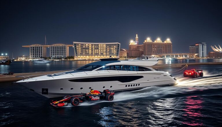 Luxury yacht with Formula 1 cars racing in the background at Yas Marina Circuit Abu Dhabi 2025