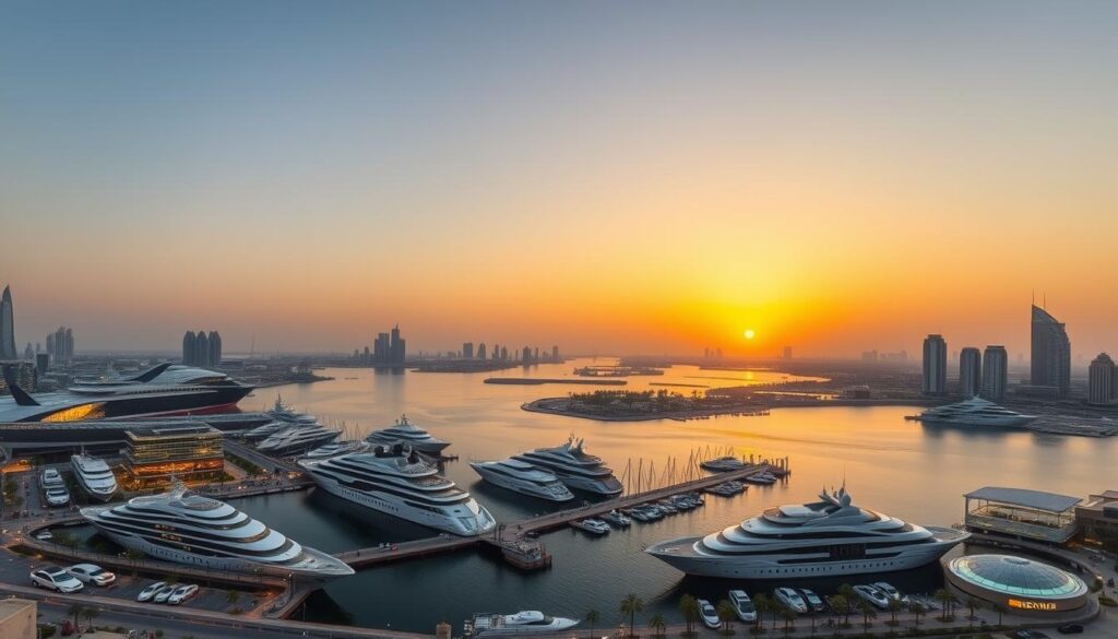 Sunset view of luxury yachts at Yas Marina ready for Formula 1 weekend in Abu Dhabi 2025 Sunset view of luxury yachts at Yas Marina ready for Formula 1 weekend in Abu Dhabi 2025