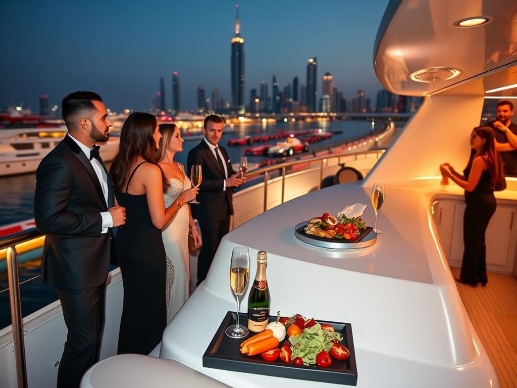 VIP guests enjoying Formula 1 race from a luxury yacht deck in Abu Dhabi with champagne service VIP guests enjoying Formula 1 race from a luxury yacht deck in Abu Dhabi with champagne service